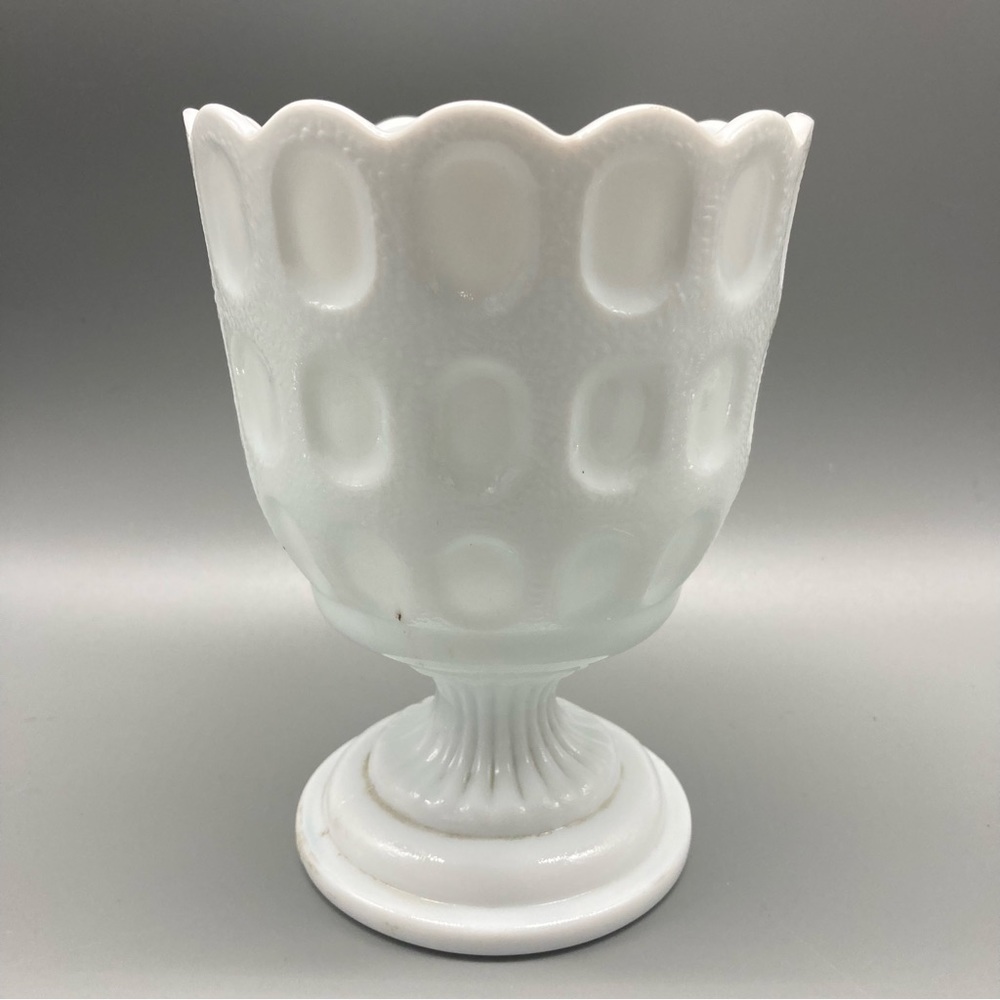E.O. Brody vintage marked M4200 footed thumbprint pedestal Milk Glass vase EVC